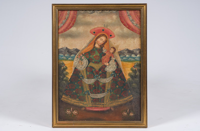 Ecole de Cuzco: La Vierge Marie &agrave; l'Enfant, huile sur toile maroufl&eacute;e sur board, 19&egrave;me/20&egrave;me si&egrave;cle