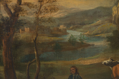 &Eacute;cole italianisante: Bergers et b&eacute;tail au repos pr&egrave;s des ruines d'une fontaine, huile sur toile, 18&egrave;me si&egrave;cle