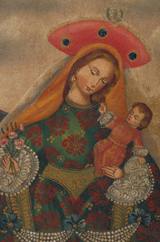Ecole de Cuzco: La Vierge Marie &agrave; l'Enfant, huile sur toile maroufl&eacute;e sur board, 19&egrave;me/20&egrave;me si&egrave;cle
