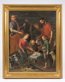 &Eacute;cole flamande: L'adoration des bergers, huile sur toile, 17&egrave;me si&egrave;cle