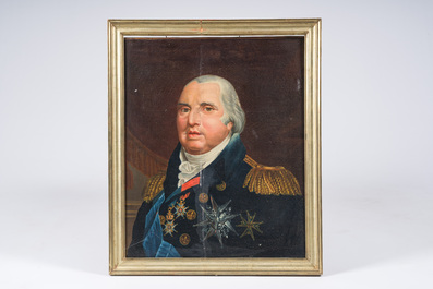&Eacute;cole fran&ccedil;aise: Portrait du roi Louis XVIII, huile sur toile, 20&egrave;me si&egrave;cle