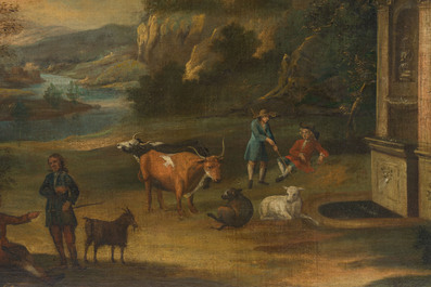&Eacute;cole italianisante: Bergers et b&eacute;tail au repos pr&egrave;s des ruines d'une fontaine, huile sur toile, 18&egrave;me si&egrave;cle