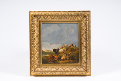 Balthazar Paul Ommeganck (1755-1826, &agrave; la mani&egrave;re de): Bergers avec leurs troupeaux dans un paysage, huile sur panneau, 19&egrave;me si&egrave;cle