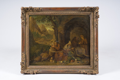 Ecole flamande: Ermites dans un paysage avec une nature morte au premier plan, huile sur toile, 18&egrave;me si&egrave;cle
