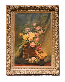 Paul Schouten (1860-1922): Paysage forestier, huile sur toile &amp; Charles De Naeyer (19e/20e si&egrave;cle): Nature morte, huile sur toile