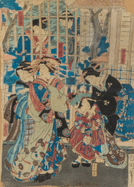 &Eacute;cole japonaise : Trois estampes Ukiyo-e et quatre Chirimen-e avec sc&egrave;nes anim&eacute;es, Edo/Meiji, 18&egrave;me/19&egrave;me si&egrave;cle