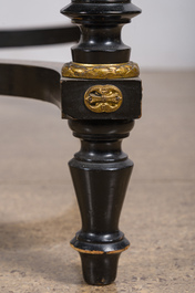 A French Napoleon III gilt bronze mounted partially ebonized wooden marquetry table with floral design and a theatre, 19th C.