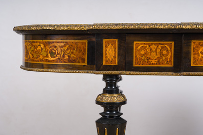 A French Napoleon III gilt bronze mounted partially ebonized wooden marquetry table with floral design and a theatre, 19th C.
