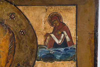 Cinq ic&ocirc;nes orthodoxes, e.a. 'L'Ascension d'Elie' et une ic&ocirc;ne de voyage en bronze &eacute;maill&eacute; en trois parties, Russie, 19&egrave;me si&egrave;cle