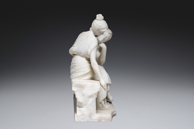 Richard Aurili (1834-ca. 1914, attribu&eacute; &agrave;): Groupe en marbre blanc d'un couple en train de se faire la cour sur un banc, d&eacute;but du 20&egrave;me si&egrave;cle