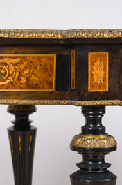 A French Napoleon III gilt bronze mounted partially ebonized wooden marquetry table with floral design and a theatre, 19th C.