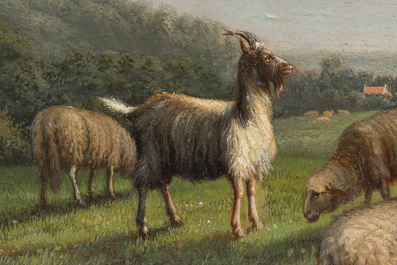 Johan Lodewijk Van Leemputten (1840-1910): Paysage avec un berger et son troupeau de moutons, huile sur panneau, dat&eacute; 1898 (?)