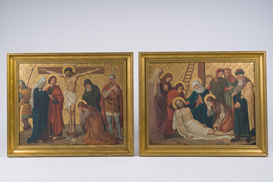 Ecole belge: Chemin de croix de douze tableaux, huile sur cuivre, ca. 1900