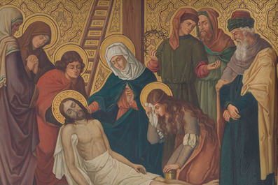 Ecole belge: Chemin de croix de douze tableaux, huile sur cuivre, ca. 1900