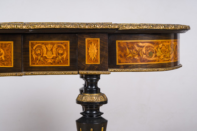 A French Napoleon III gilt bronze mounted partially ebonized wooden marquetry table with floral design and a theatre, 19th C.