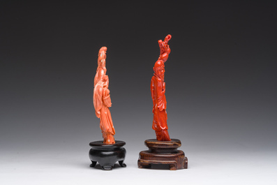 Deux figures de Shou Lao et Lan Cai He en corail rouge sculpt&eacute;, Chine, 19&egrave;me/20&egrave;me si&egrave;cle