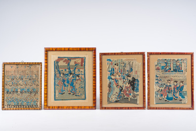 &Eacute;cole japonaise : Trois estampes Ukiyo-e et quatre Chirimen-e avec sc&egrave;nes anim&eacute;es, Edo/Meiji, 18&egrave;me/19&egrave;me si&egrave;cle