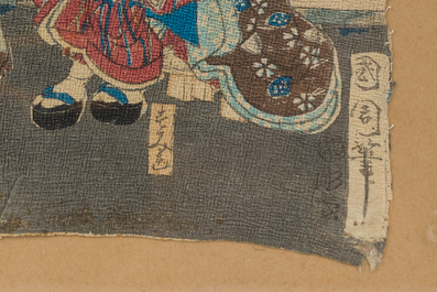 &Eacute;cole japonaise : Trois estampes Ukiyo-e et quatre Chirimen-e avec sc&egrave;nes anim&eacute;es, Edo/Meiji, 18&egrave;me/19&egrave;me si&egrave;cle