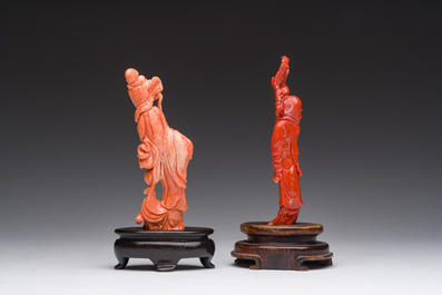 Deux figures de Shou Lao et Lan Cai He en corail rouge sculpt&eacute;, Chine, 19&egrave;me/20&egrave;me si&egrave;cle