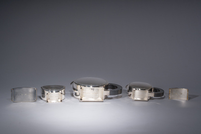 Service &agrave; caf&eacute; Art D&eacute;co de quatre pi&egrave;ces en m&eacute;tal argent&eacute;, mod&egrave;le Tonnelet, Christian Fjerdingstadt (1891-1968) pour Christofle, France, vers 1933