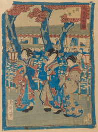 &Eacute;cole japonaise : Trois estampes Ukiyo-e et quatre Chirimen-e avec sc&egrave;nes anim&eacute;es, Edo/Meiji, 18&egrave;me/19&egrave;me si&egrave;cle