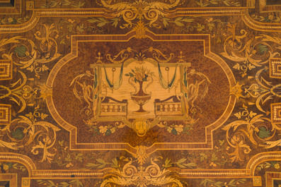 A French Napoleon III gilt bronze mounted partially ebonized wooden marquetry table with floral design and a theatre, 19th C.