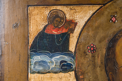 Cinq ic&ocirc;nes orthodoxes, e.a. 'L'Ascension d'Elie' et une ic&ocirc;ne de voyage en bronze &eacute;maill&eacute; en trois parties, Russie, 19&egrave;me si&egrave;cle