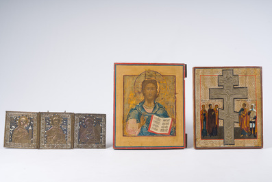 Cinq ic&ocirc;nes orthodoxes, e.a. 'L'Ascension d'Elie' et une ic&ocirc;ne de voyage en bronze &eacute;maill&eacute; en trois parties, Russie, 19&egrave;me si&egrave;cle