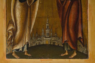 Cinq ic&ocirc;nes orthodoxes, e.a. 'L'Ascension d'Elie' et une ic&ocirc;ne de voyage en bronze &eacute;maill&eacute; en trois parties, Russie, 19&egrave;me si&egrave;cle