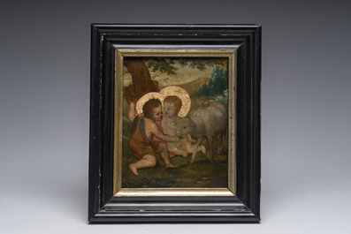 &Eacute;cole europ&eacute;enne: J&eacute;sus, saint Jean-Baptiste et un mouton, huile sur cuivre, 18&egrave;me si&egrave;cle