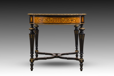 A French Napoleon III gilt bronze mounted partially ebonized wooden marquetry table with floral design and a theatre, 19th C.