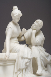 Richard Aurili (1834-ca. 1914, attribu&eacute; &agrave;): Groupe en marbre blanc d'un couple en train de se faire la cour sur un banc, d&eacute;but du 20&egrave;me si&egrave;cle