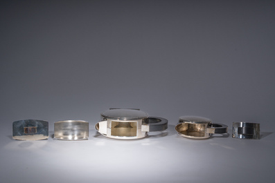 Service &agrave; caf&eacute; Art D&eacute;co de quatre pi&egrave;ces en m&eacute;tal argent&eacute;, mod&egrave;le Tonnelet, Christian Fjerdingstadt (1891-1968) pour Christofle, France, vers 1933