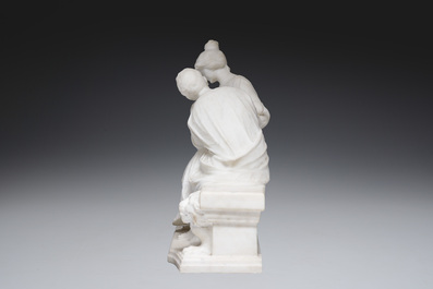 Richard Aurili (1834-ca. 1914, attribu&eacute; &agrave;): Groupe en marbre blanc d'un couple en train de se faire la cour sur un banc, d&eacute;but du 20&egrave;me si&egrave;cle