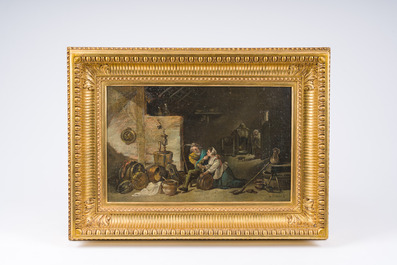 &Eacute;cole flamande, suiveur de David II Teniers (1610-1690): Int&eacute;rieur avec sc&egrave;ne de s&eacute;duction, huile sur toile, 19&egrave;me si&egrave;cle