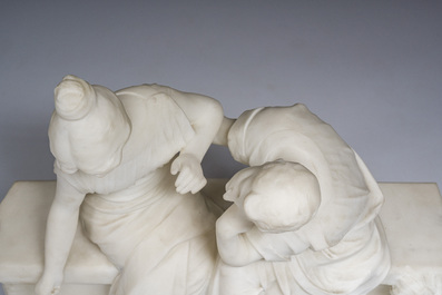 Richard Aurili (1834-ca. 1914, attribu&eacute; &agrave;): Groupe en marbre blanc d'un couple en train de se faire la cour sur un banc, d&eacute;but du 20&egrave;me si&egrave;cle