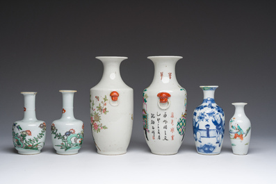Six vases en porcelaine de Chine bleu, blanc, qianjiang cai, famille rose et verte, 19&egrave;me si&egrave;cle