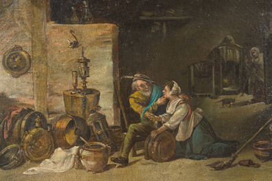 &Eacute;cole flamande, suiveur de David II Teniers (1610-1690): Int&eacute;rieur avec sc&egrave;ne de s&eacute;duction, huile sur toile, 19&egrave;me si&egrave;cle