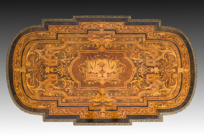 A French Napoleon III gilt bronze mounted partially ebonized wooden marquetry table with floral design and a theatre, 19th C.