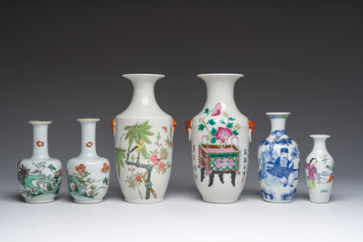 Six vases en porcelaine de Chine bleu, blanc, qianjiang cai, famille rose et verte, 19&egrave;me si&egrave;cle