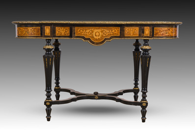 A French Napoleon III gilt bronze mounted partially ebonized wooden marquetry table with floral design and a theatre, 19th C.