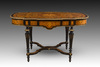 A French Napoleon III gilt bronze mounted partially ebonized wooden marquetry table with floral design and a theatre, 19th C.