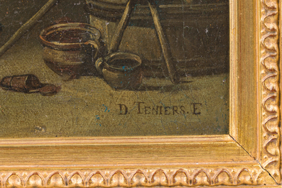 &Eacute;cole flamande, suiveur de David II Teniers (1610-1690): Int&eacute;rieur avec sc&egrave;ne de s&eacute;duction, huile sur toile, 19&egrave;me si&egrave;cle