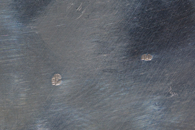 Six tasses en porcelaine de Limoges aux montures et soucoupes en argent et sucrier assorti, Delheid, 800/000, France et Belgique, 20&egrave;me si&egrave;cle