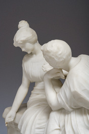 Richard Aurili (1834-ca. 1914, attribu&eacute; &agrave;): Groupe en marbre blanc d'un couple en train de se faire la cour sur un banc, d&eacute;but du 20&egrave;me si&egrave;cle