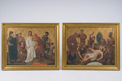 Ecole belge: Chemin de croix de douze tableaux, huile sur cuivre, ca. 1900