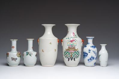 Six vases en porcelaine de Chine bleu, blanc, qianjiang cai, famille rose et verte, 19&egrave;me si&egrave;cle