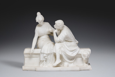 Richard Aurili (1834-ca. 1914, attribu&eacute; &agrave;): Groupe en marbre blanc d'un couple en train de se faire la cour sur un banc, d&eacute;but du 20&egrave;me si&egrave;cle