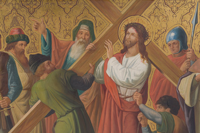Ecole belge: Chemin de croix de douze tableaux, huile sur cuivre, ca. 1900