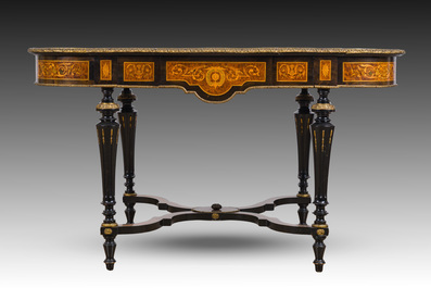 A French Napoleon III gilt bronze mounted partially ebonized wooden marquetry table with floral design and a theatre, 19th C.